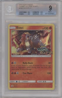 Entei from the 2019 Pokemon S&M  set featuring a One of 4 Cosmic Eclipse Pre-release Promos parallel graded by Beckett and given an overall grade of 9.