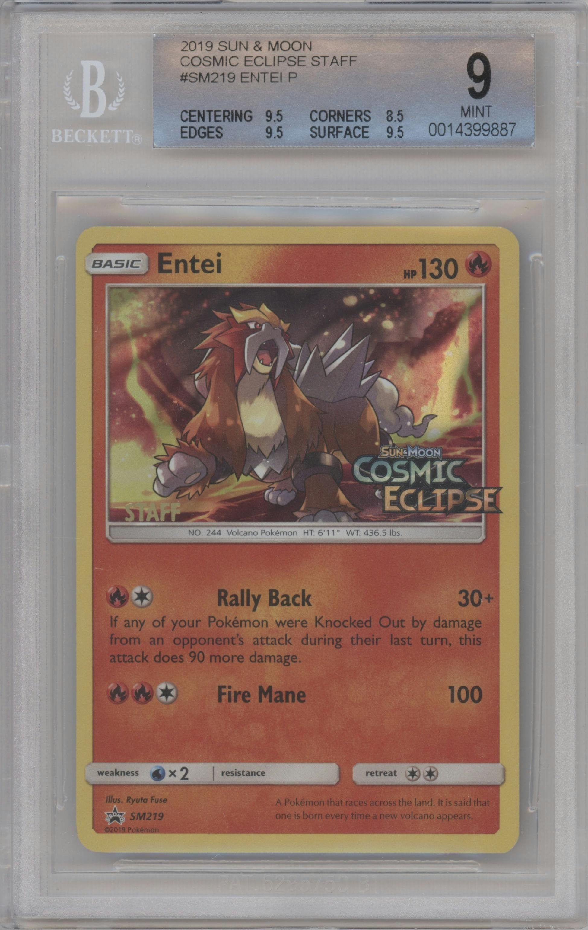 Entei from the 2019 Pokemon S&M  set featuring a One of 4 Cosmic Eclipse Pre-release Promos parallel graded by Beckett and given an overall grade of 9.