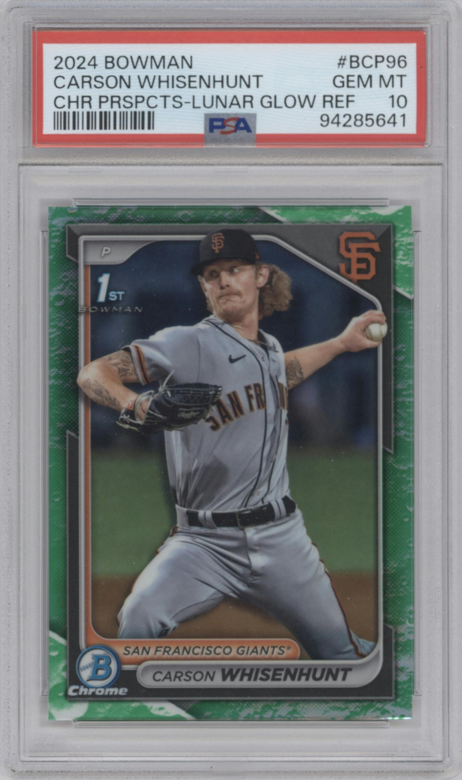 Carson Whisenhunt from the 2024 Bowman set featuring a Lunar Glow Refractor parallel graded by PSA and given an overall grade of 10.