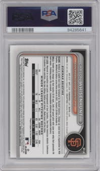 Carson Whisenhunt from the 2024 Bowman set featuring a Lunar Glow Refractor parallel graded by PSA and given an overall grade of 10.