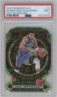 Giannis Antetokounmpo from the 2023-24 Panini Crown Royale  set featuring a Red parallel graded by PSA and given an overall grade of 9.