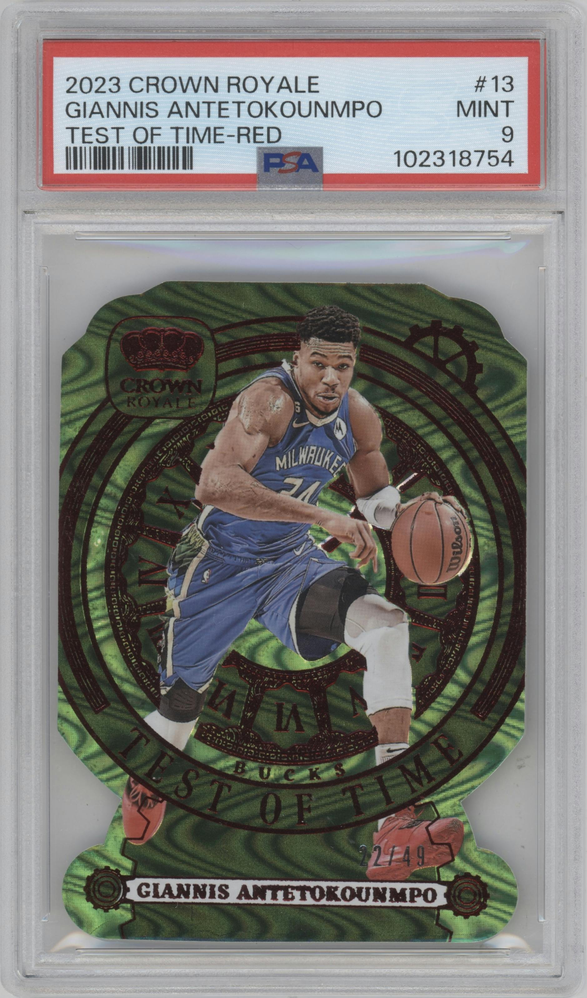 Giannis Antetokounmpo from the 2023-24 Panini Crown Royale  set featuring a Red parallel graded by PSA and given an overall grade of 9.