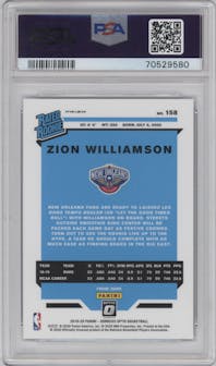 Zion Williamson from the 2019-20 Panini Donruss Optic set featuring a Blue Velocity parallel graded by PSA and given an overall grade of 9.