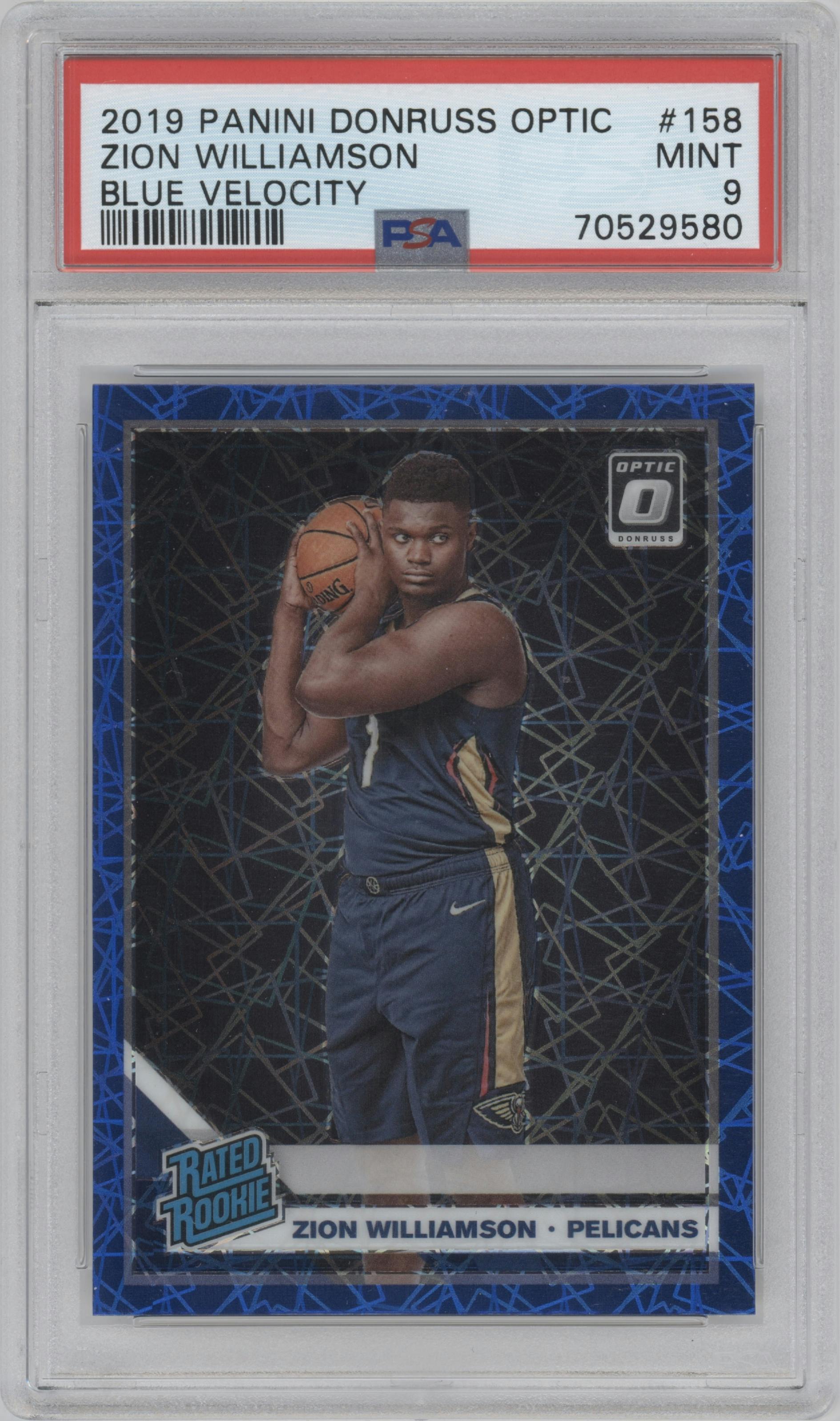 Zion Williamson from the 2019-20 Panini Donruss Optic set featuring a Blue Velocity parallel graded by PSA and given an overall grade of 9.