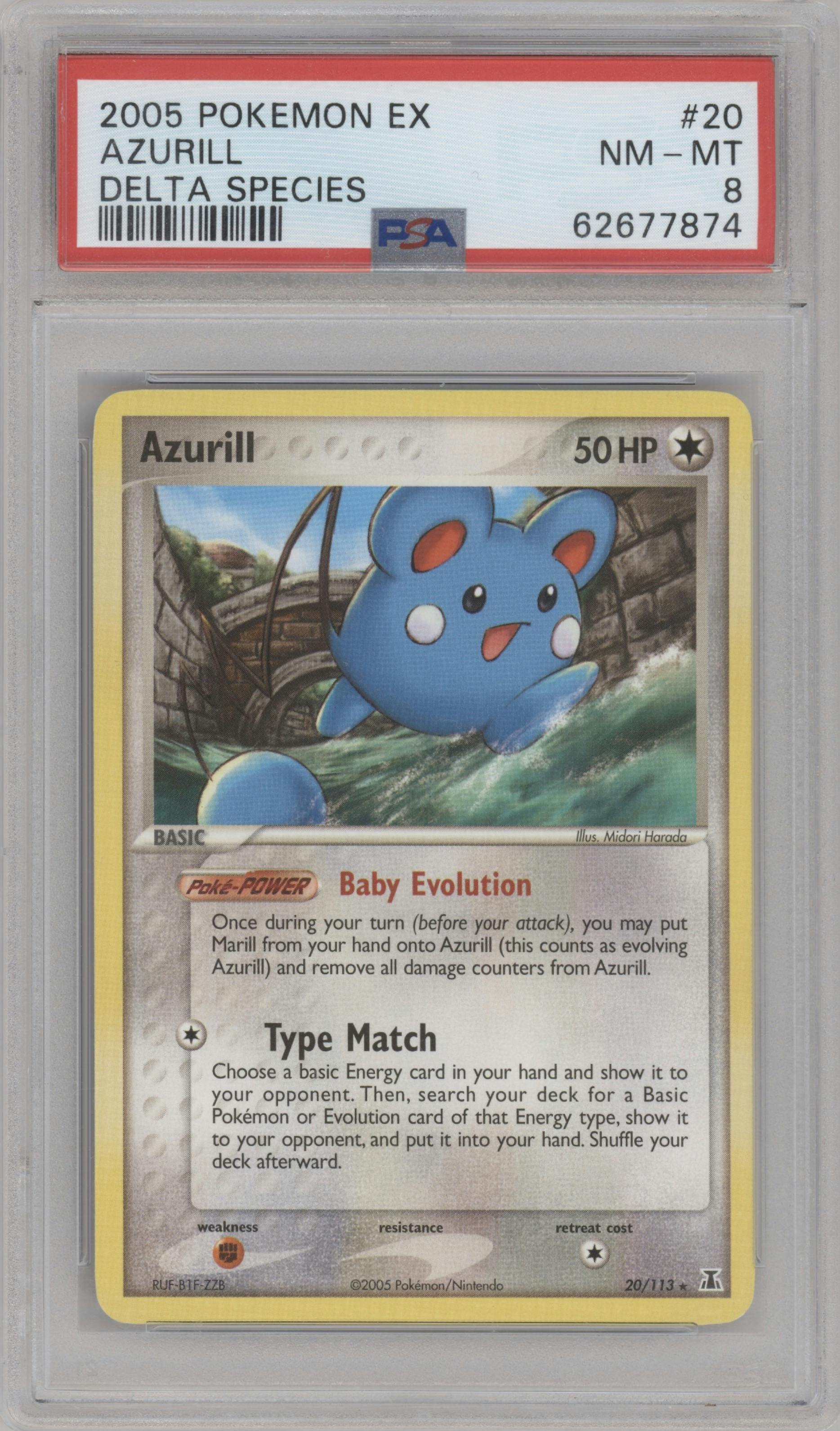 Azurill from the 2005 Pokemon EX set graded by PSA and given an overall grade of 8.