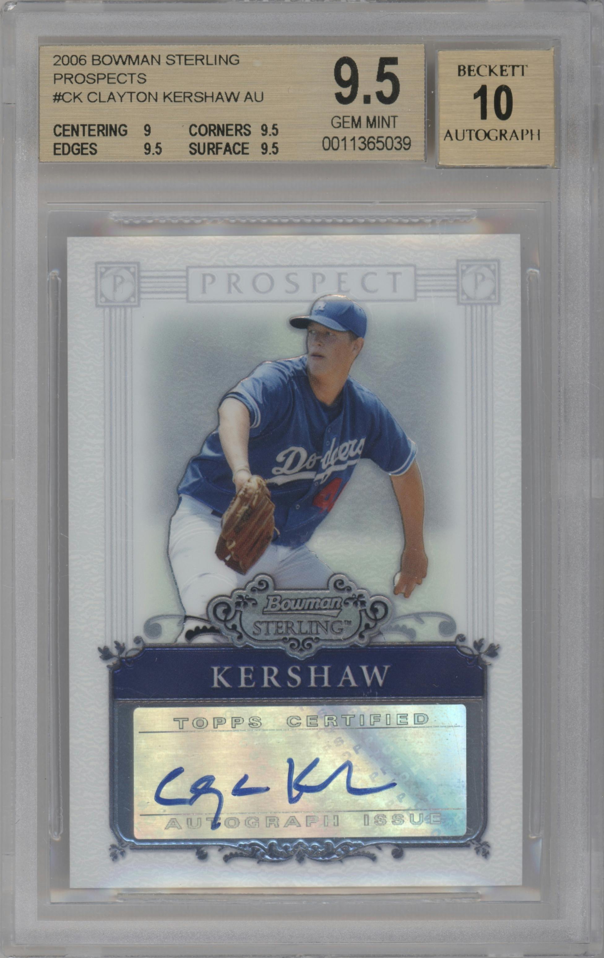 Clayton Kershaw from the 2006 Bowman Sterling set graded by Beckett and given an overall grade of 9.5.