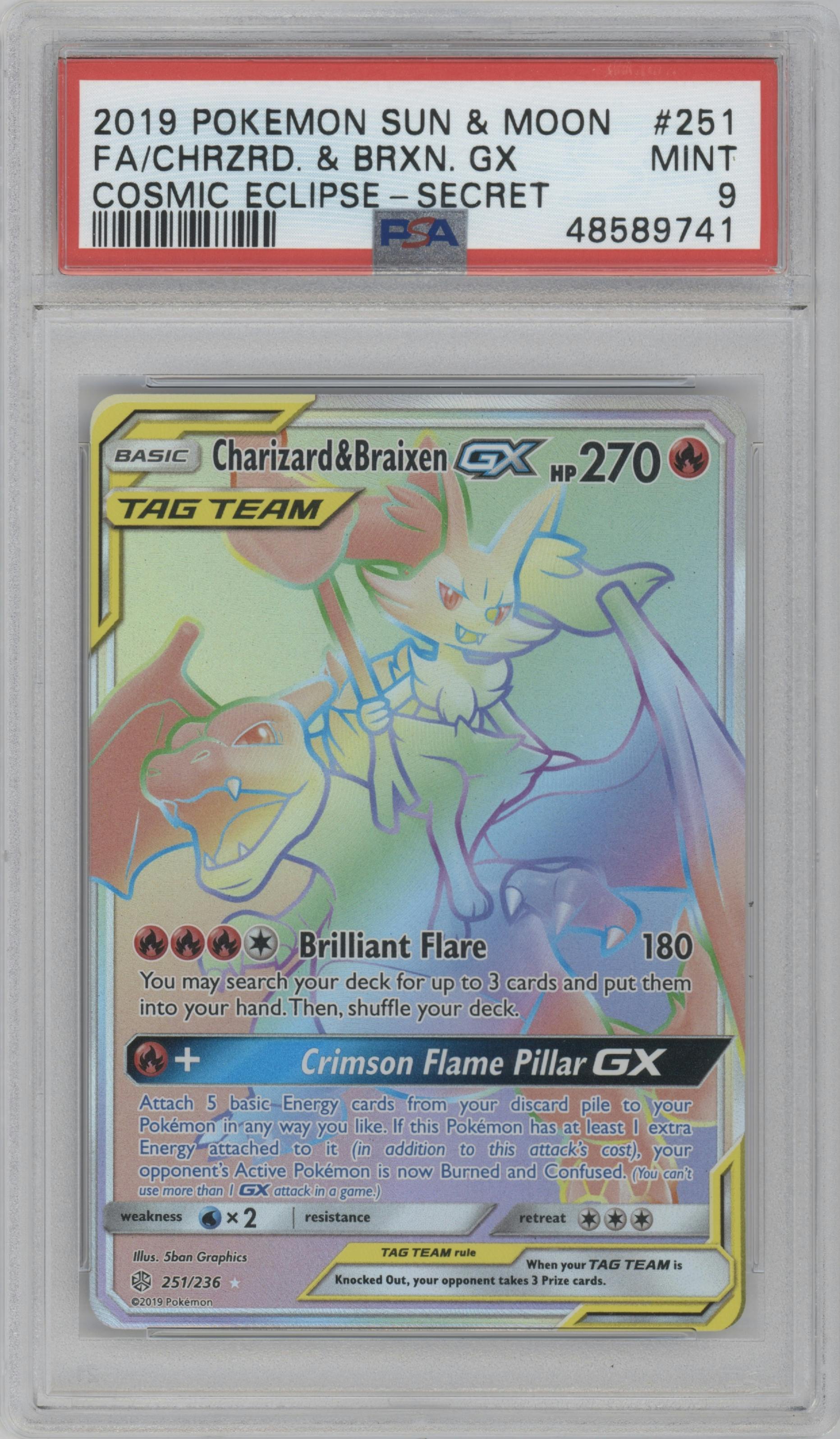 Charizard/Braixen GX from the 2019 Pokemon S&M  set graded by PSA and given an overall grade of 9.