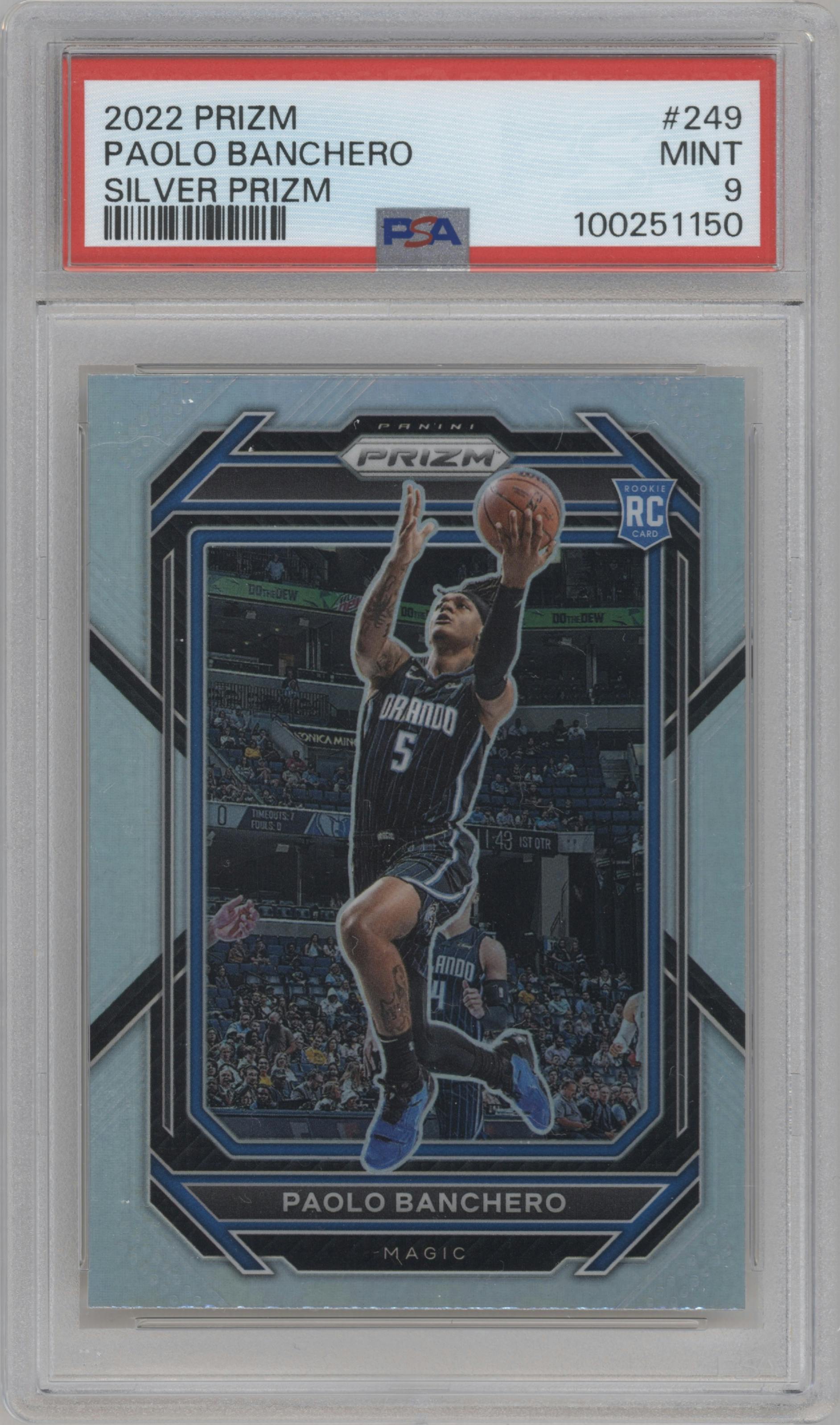 Paolo Banchero from the 2022-23 Panini Prizm  set featuring a Silver Prizm parallel graded by PSA and given an overall grade of 9.