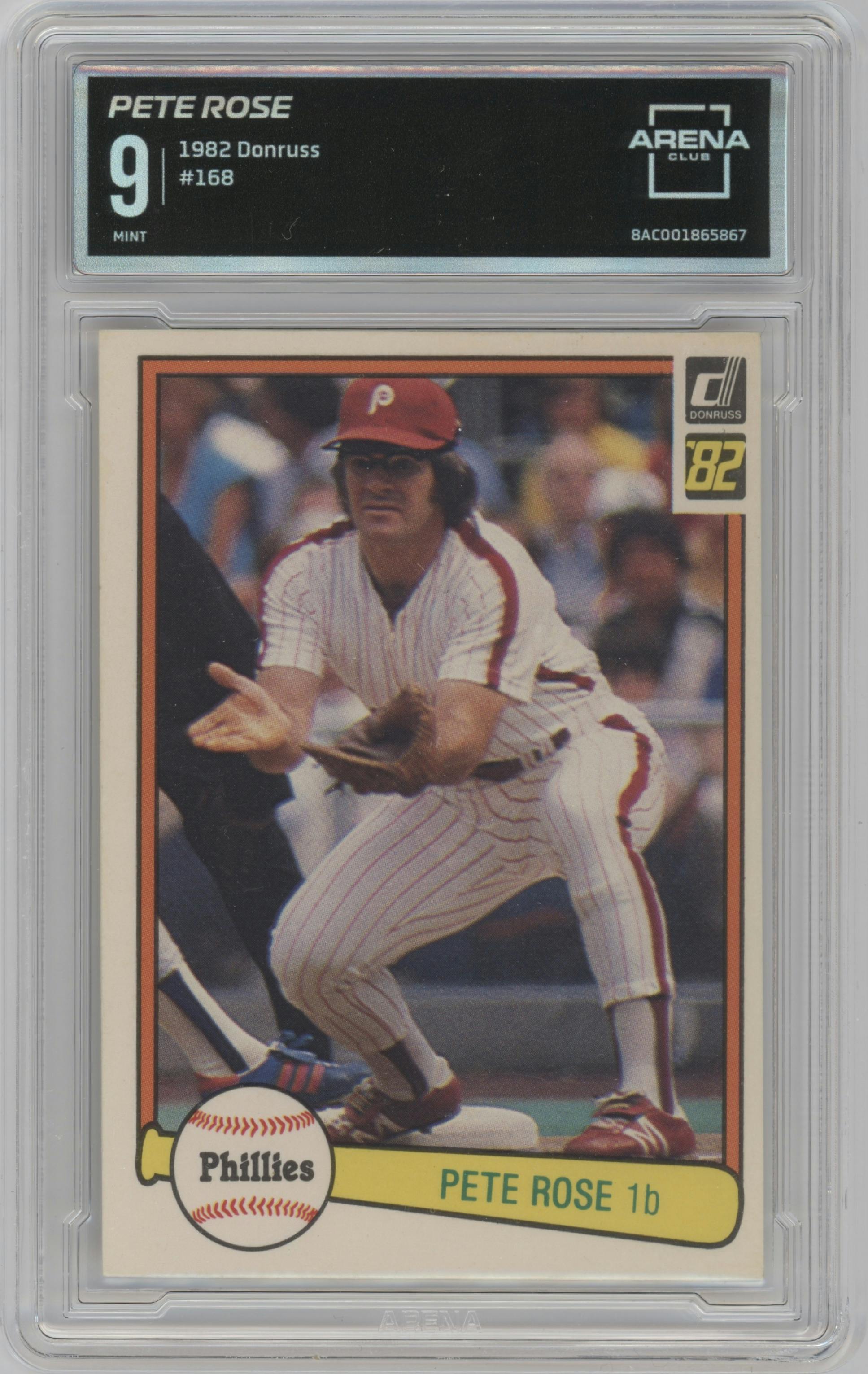 Pete Rose from the 1982 Donruss set graded by Arena Club and given an overall grade of 9.