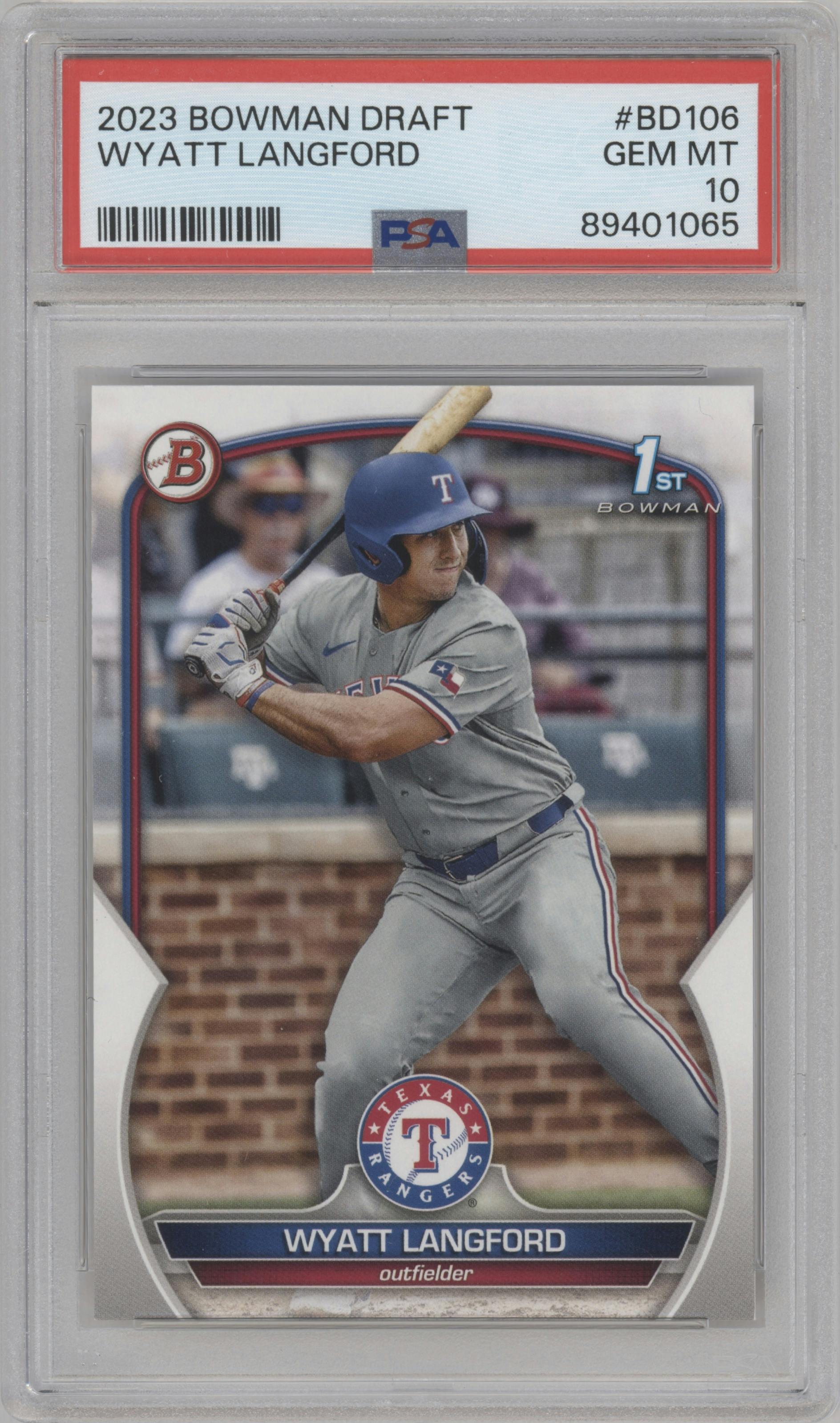 Wyatt Langford from the 2023 Bowman Draft set graded by PSA and given an overall grade of 10.