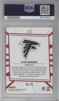 Bijan Robinson from the 2023 Donruss Optic set featuring a Gold parallel graded by PSA and given an overall grade of 9.