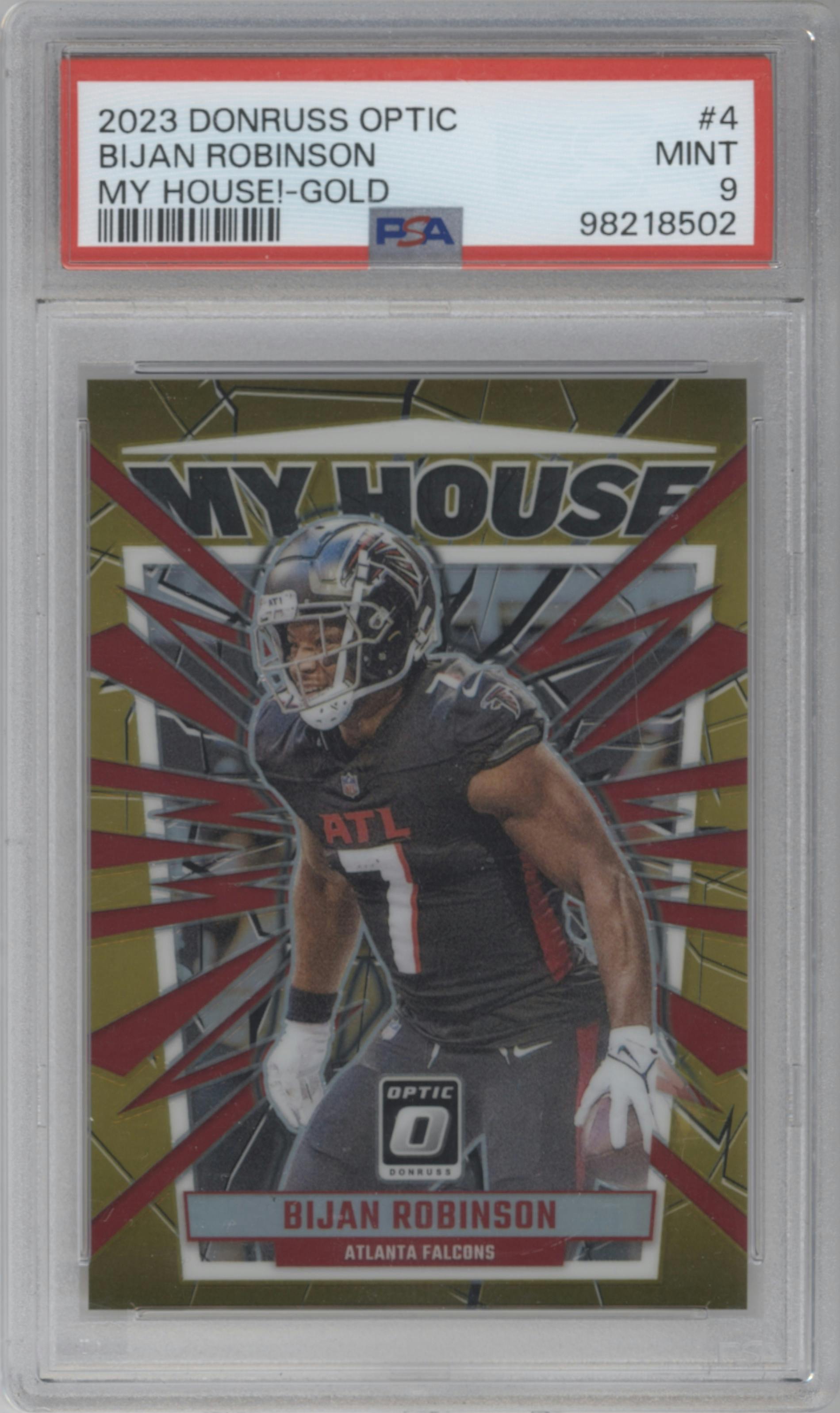 Bijan Robinson from the 2023 Donruss Optic set featuring a Gold parallel graded by PSA and given an overall grade of 9.