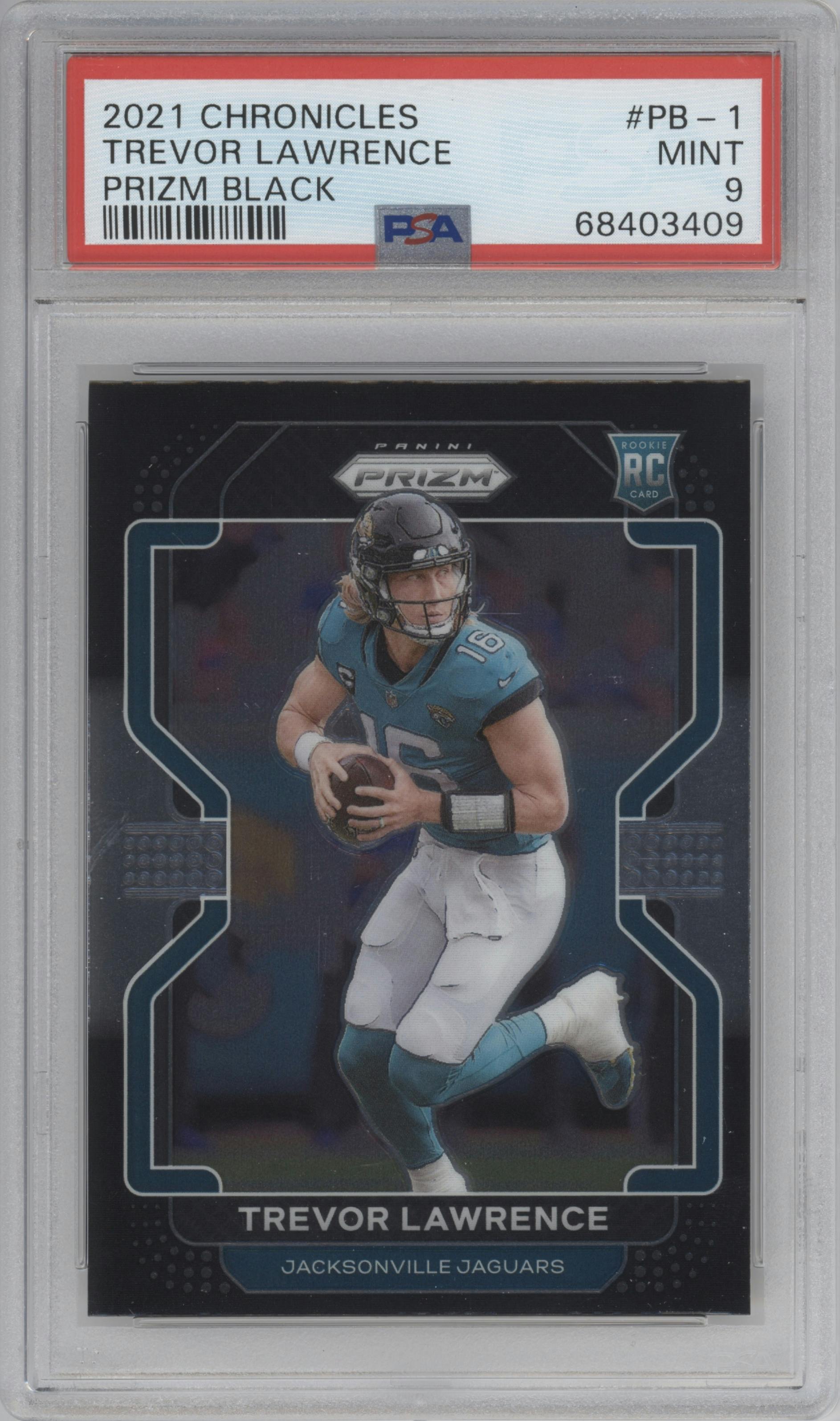 Trevor Lawrence from the 2021 Panini Chronicles set graded by PSA and given an overall grade of 9.