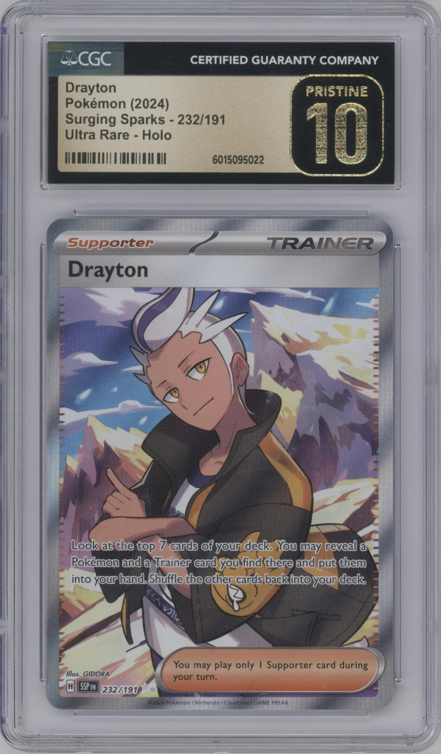 Drayton from the 2024 Pokemon SV set graded by CSG and given an overall grade of 10.