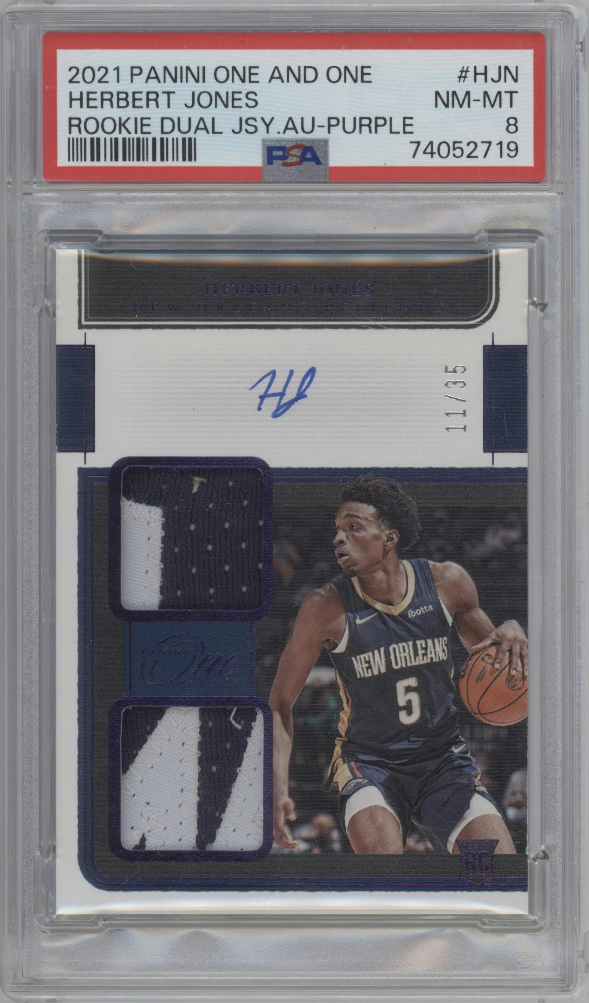 Herbert Jones from the 2021-22 Panini One and One set featuring a Purple parallel graded by PSA and given an overall grade of 8.