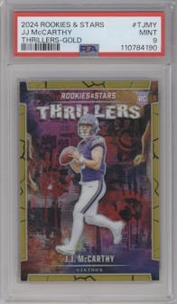 J.J. McCarthy  from the 2024 Panini Rookies & Stars set featuring a Gold parallel graded by PSA and given an overall grade of 9.