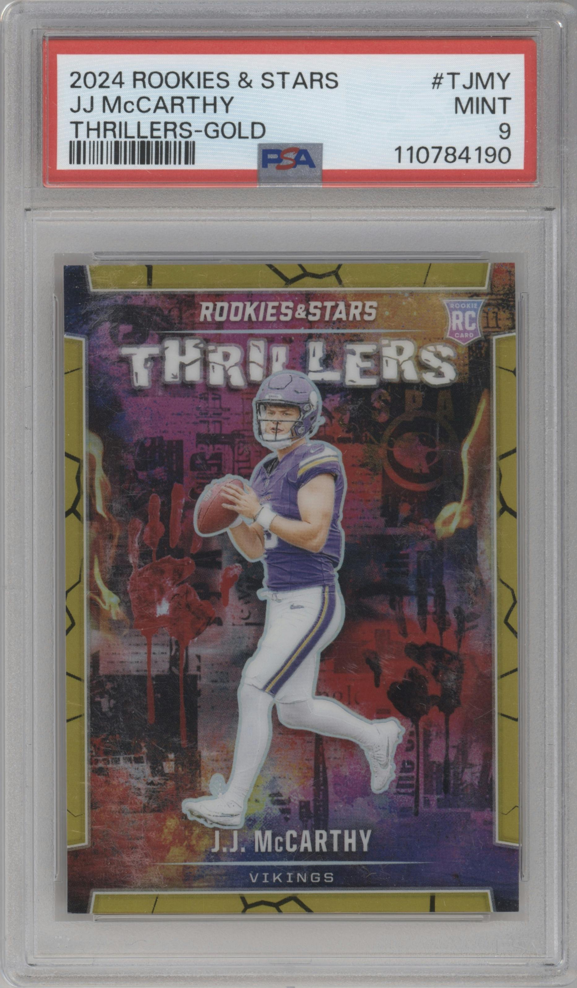 J.J. McCarthy  from the 2024 Panini Rookies & Stars set featuring a Gold parallel graded by PSA and given an overall grade of 9.