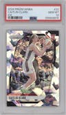 Caitlin Clark from the 2024 Panini Prizm WNBA set featuring a Ice parallel graded by PSA and given an overall grade of 10.