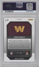 Jayden Daniels from the 2024 Panini Prizm set featuring a Blue Ice parallel graded by PSA and given an overall grade of 10.