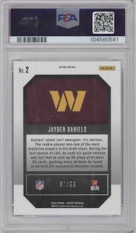 Jayden Daniels from the 2024 Panini Prizm set featuring a Blue Ice parallel graded by PSA and given an overall grade of 10.