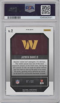 Jayden Daniels from the 2024 Panini Prizm set featuring a Blue Ice parallel graded by PSA and given an overall grade of 10.
