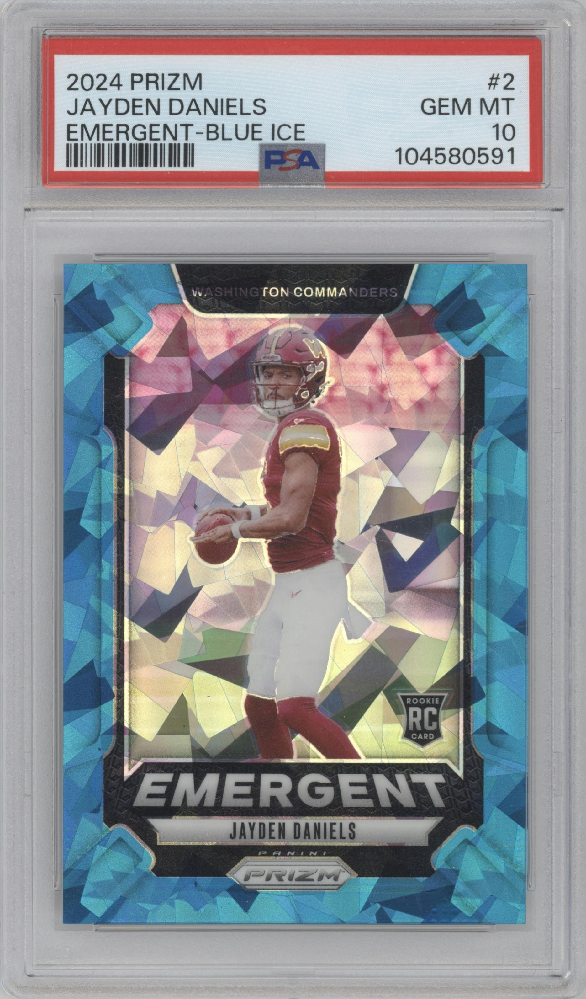Jayden Daniels from the 2024 Panini Prizm set featuring a Blue Ice parallel graded by PSA and given an overall grade of 10.