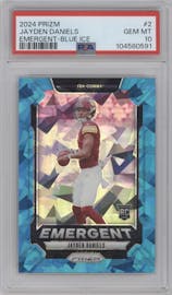 Jayden Daniels from the 2024 Panini Prizm set featuring a Blue Ice parallel graded by PSA and given an overall grade of 10.