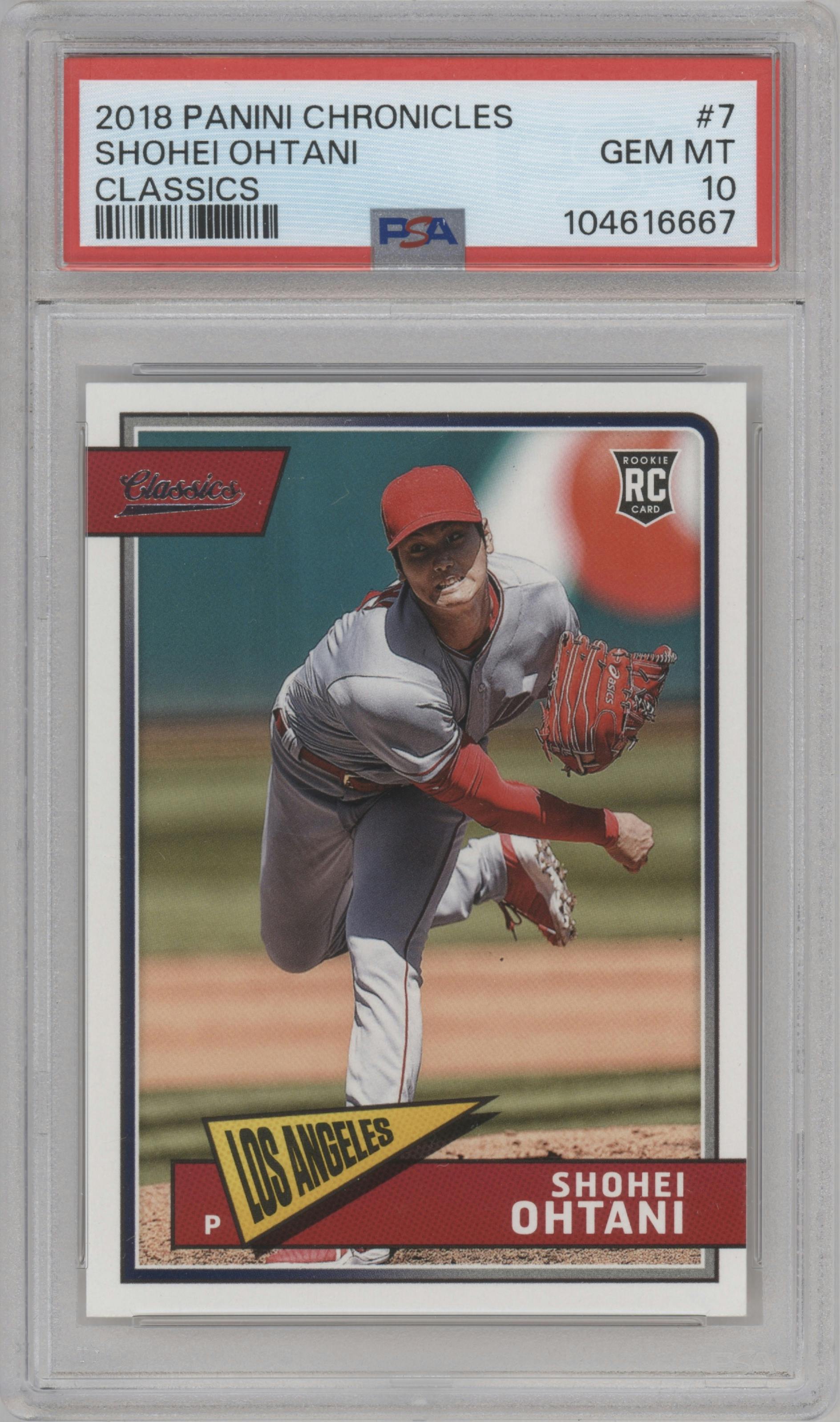 Shohei Ohtani from the 2018 Panini Chronicles set graded by PSA and given an overall grade of 10.