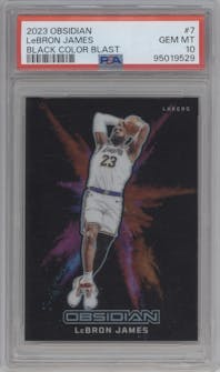 LeBron James from the 2023-24 Panini Obsidian set graded by PSA and given an overall grade of 10.