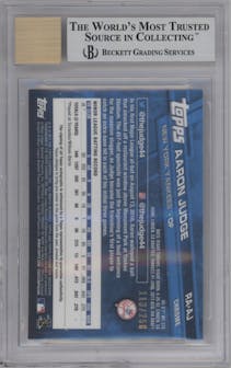 Aaron Judge from the 2017 Topps Chrome set featuring a Purple Refractor parallel graded by Beckett and given an overall grade of 9.