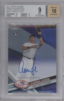 Aaron Judge from the 2017 Topps Chrome set featuring a Purple Refractor parallel graded by Beckett and given an overall grade of 9.