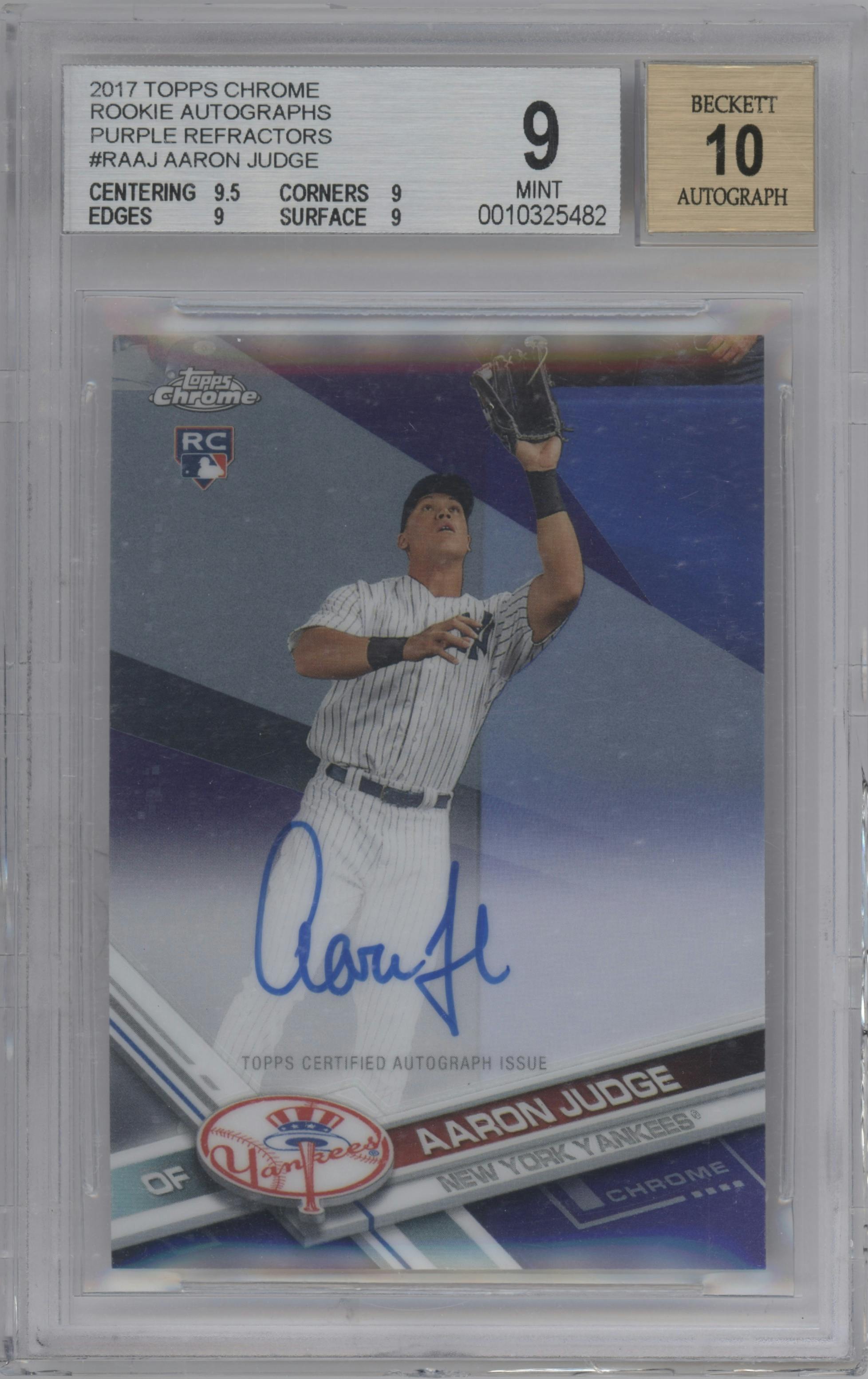 Aaron Judge from the 2017 Topps Chrome set featuring a Purple Refractor parallel graded by Beckett and given an overall grade of 9.