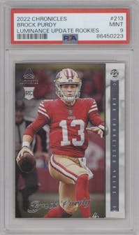 Brock Purdy from the 2022 Panini Chronicles set graded by PSA and given an overall grade of 9.