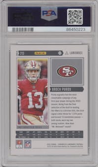 Brock Purdy from the 2022 Panini Chronicles set graded by PSA and given an overall grade of 9.