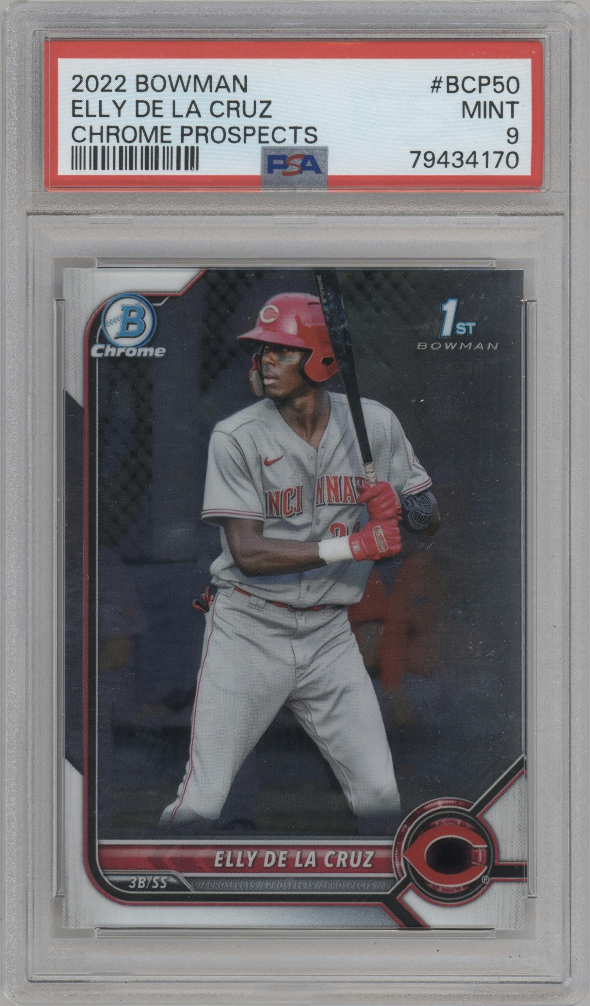 Elly De La Cruz from the 2022 Bowman set graded by PSA and given an overall grade of 9.