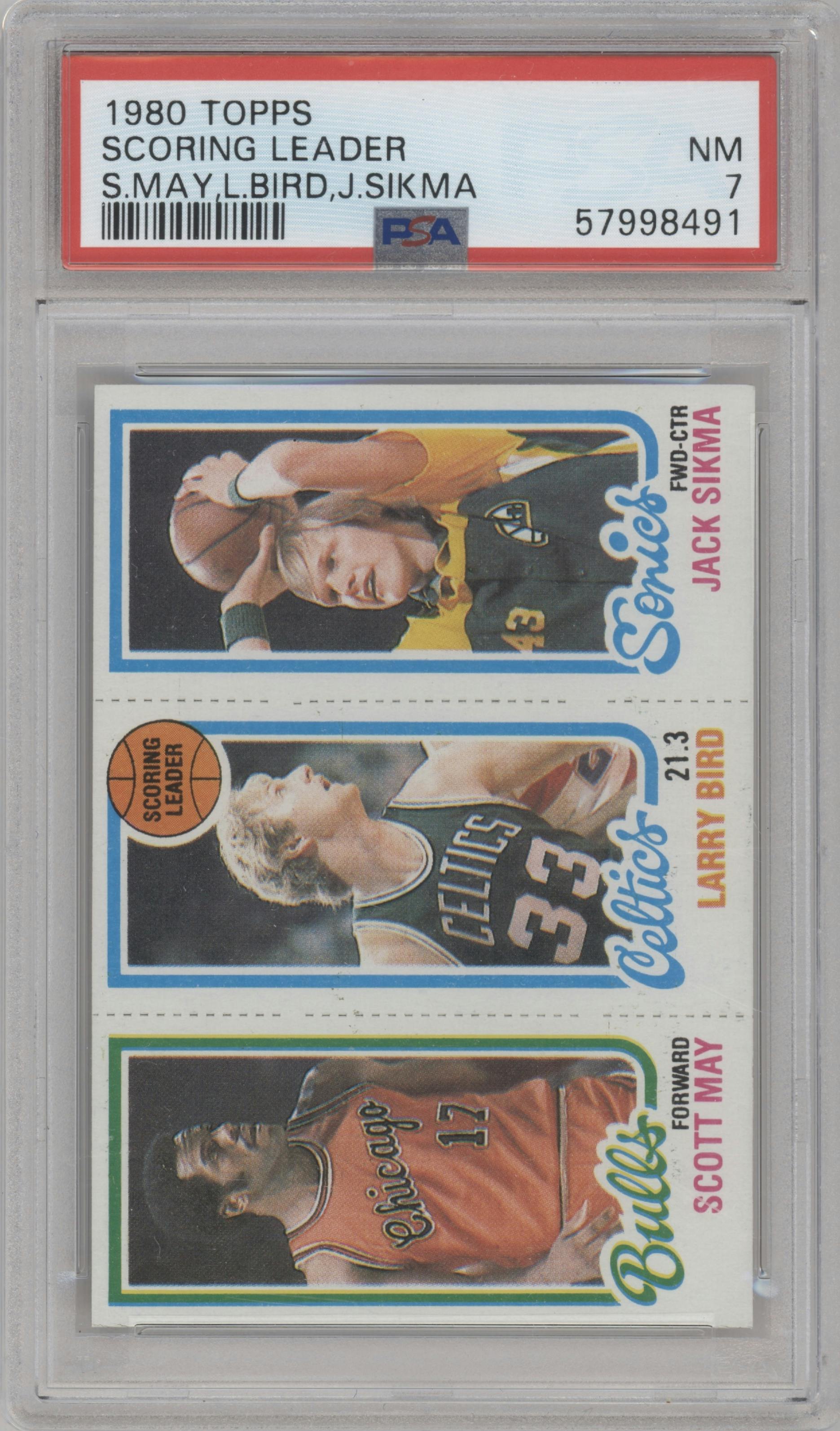 Scott May/Larry Bird/Jack Sikma from the 1980-81 Topps set graded by PSA and given an overall grade of 7.