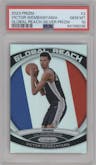 Victor Wembanyama from the 2023-24 Panini Prizm set featuring a Silver Prizm parallel graded by PSA and given an overall grade of 10.