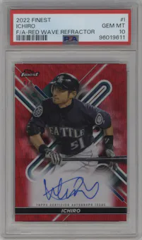 Ichiro  from the 2022 Topps Finest set featuring a Red Wave Refractor parallel graded by PSA and given an overall grade of 10.