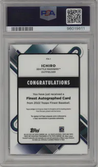 Ichiro  from the 2022 Topps Finest set featuring a Red Wave Refractor parallel graded by PSA and given an overall grade of 10.