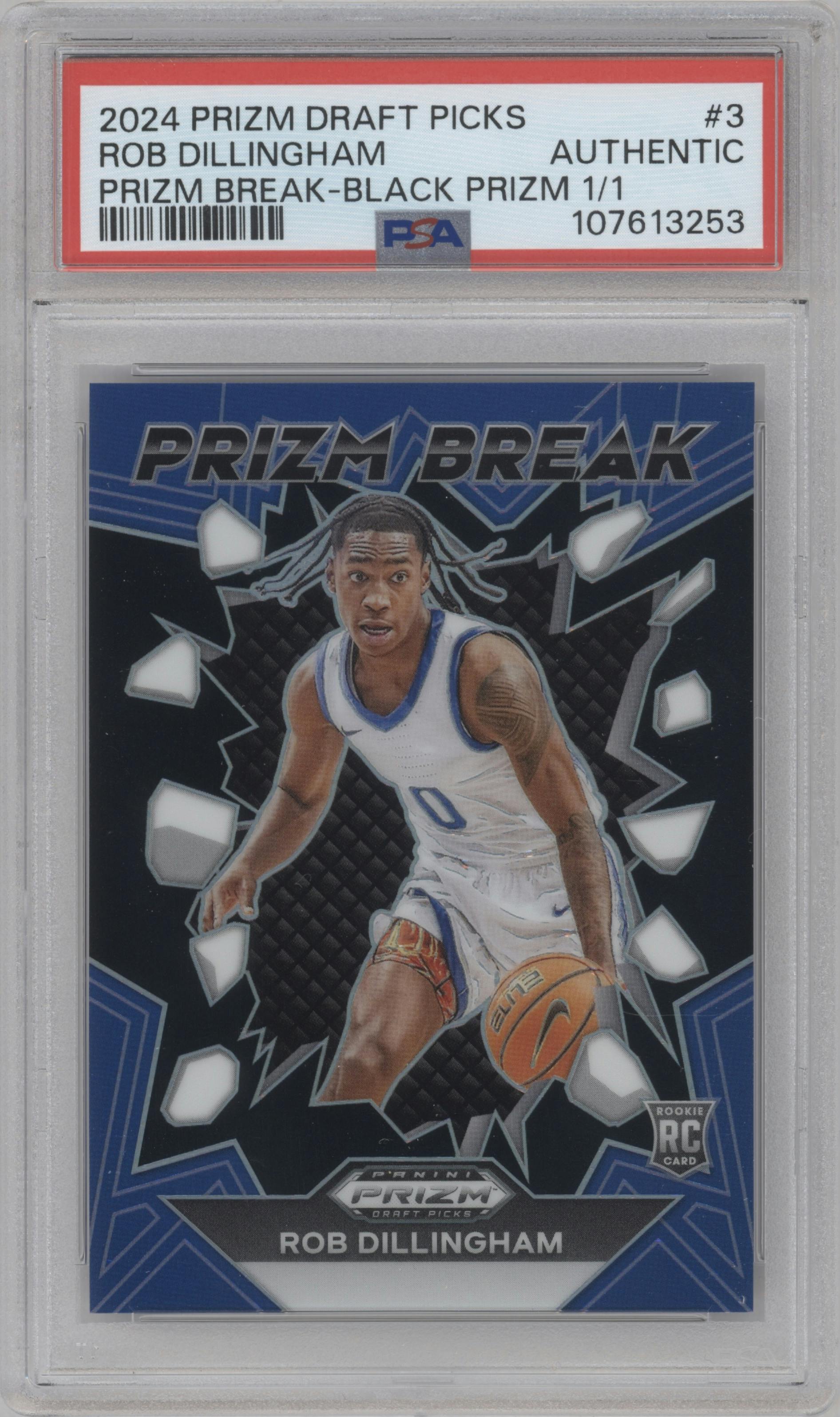 Rob Dillingham from the 2024 Panini Prizm Draft Picks set featuring a Black Prizm parallel graded by PSA.