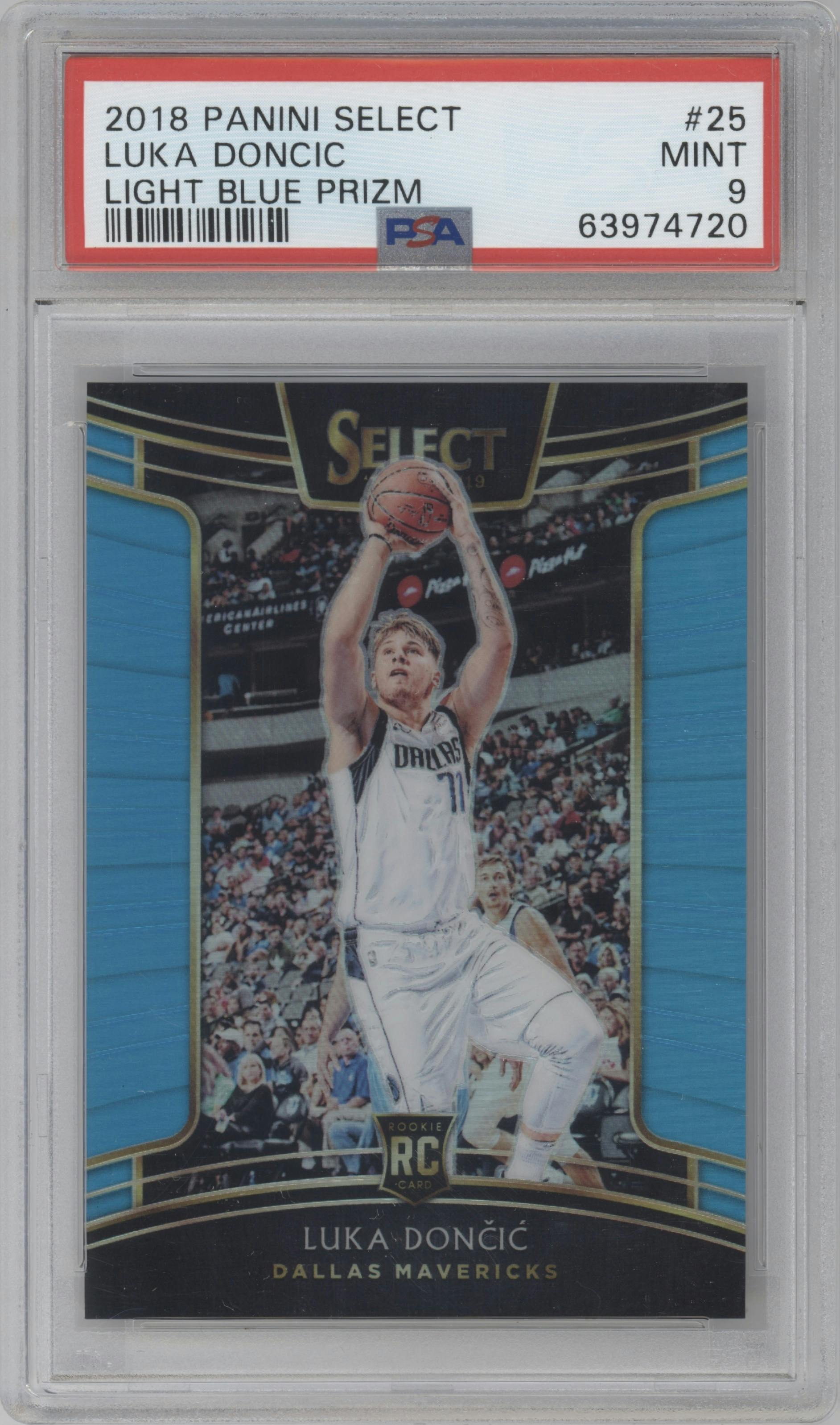 Luka Doncic from the 2018-19 Panini Select  set featuring a Light Blue Prizm parallel graded by PSA and given an overall grade of 9.