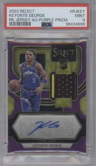 Keyonte George from the 2023-24 Panini Select  set featuring a Purple Prizm parallel graded by PSA and given an overall grade of 9.