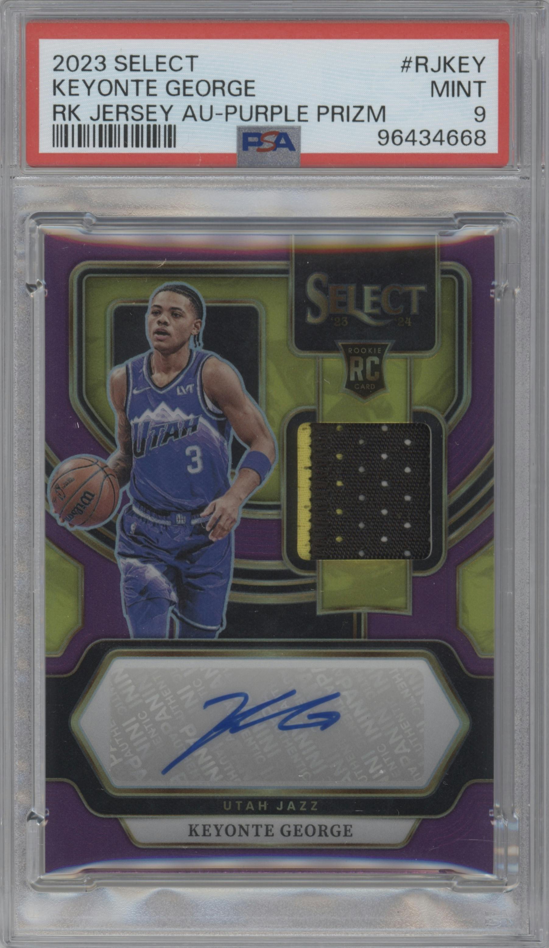 Keyonte George from the 2023-24 Panini Select  set featuring a Purple Prizm parallel graded by PSA and given an overall grade of 9.