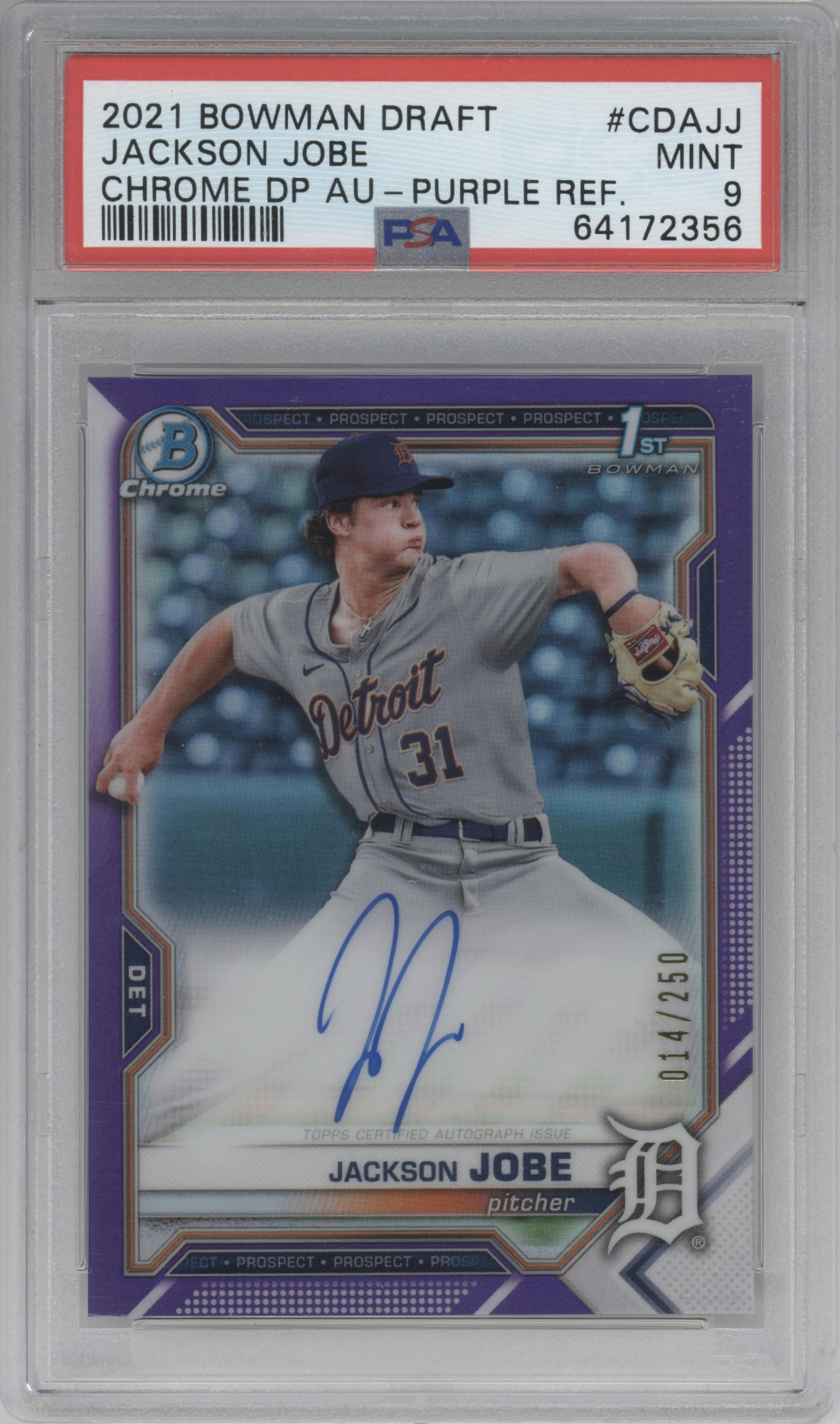 Jackson Jobe from the 2021 Bowman Draft set featuring a Purple Refractor parallel graded by PSA and given an overall grade of 9.
