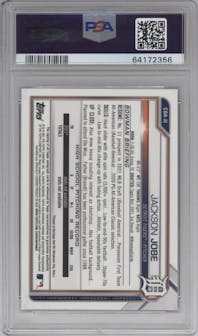Jackson Jobe from the 2021 Bowman Draft set featuring a Purple Refractor parallel graded by PSA and given an overall grade of 9.