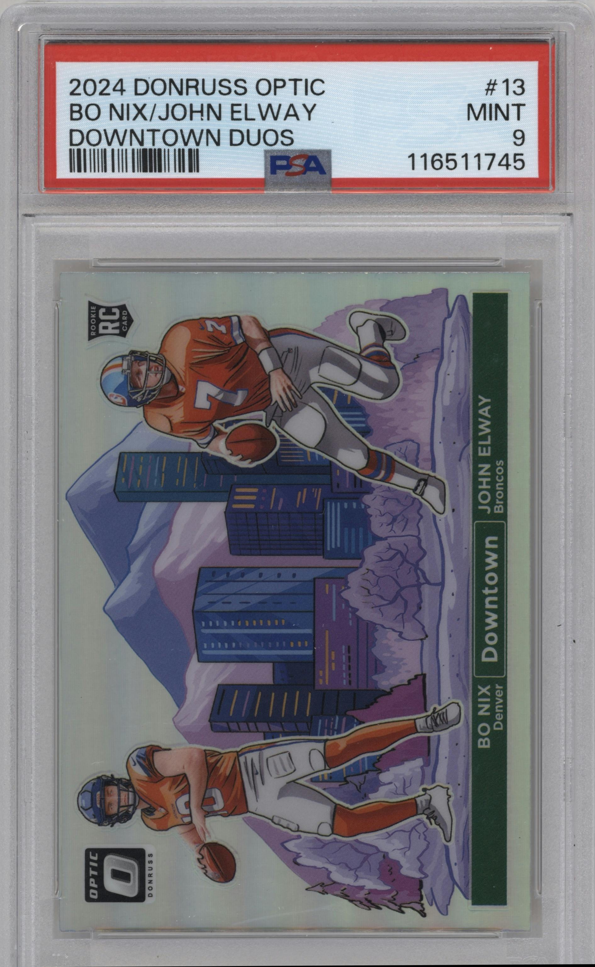 Bo Nix/John Elway from the 2024 Donruss Optic set graded by PSA and given an overall grade of 9.