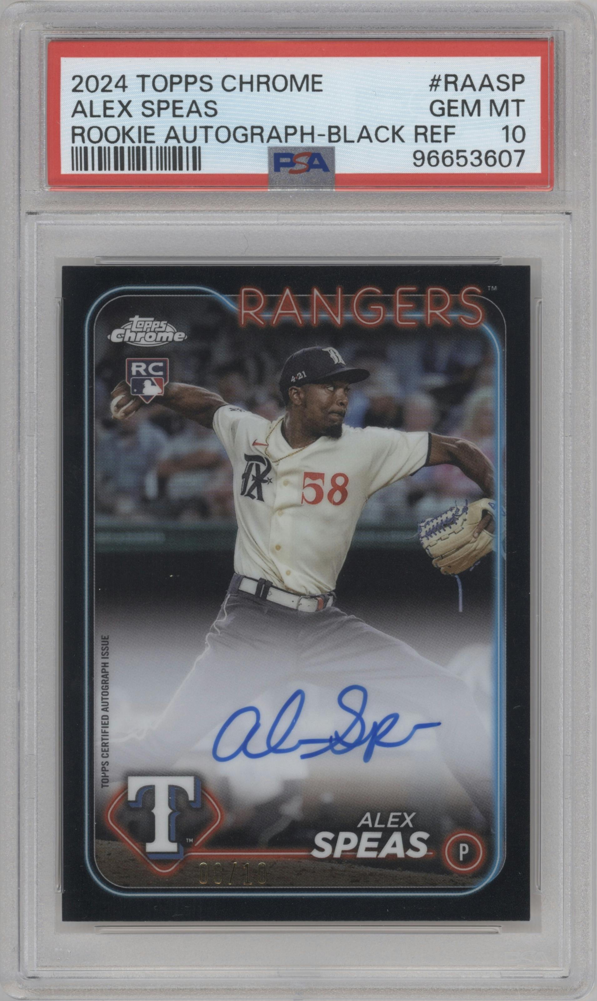  Alex Speas from the 2024 Topps Chrome set featuring a Black Refractor parallel graded by PSA and given an overall grade of 10.
