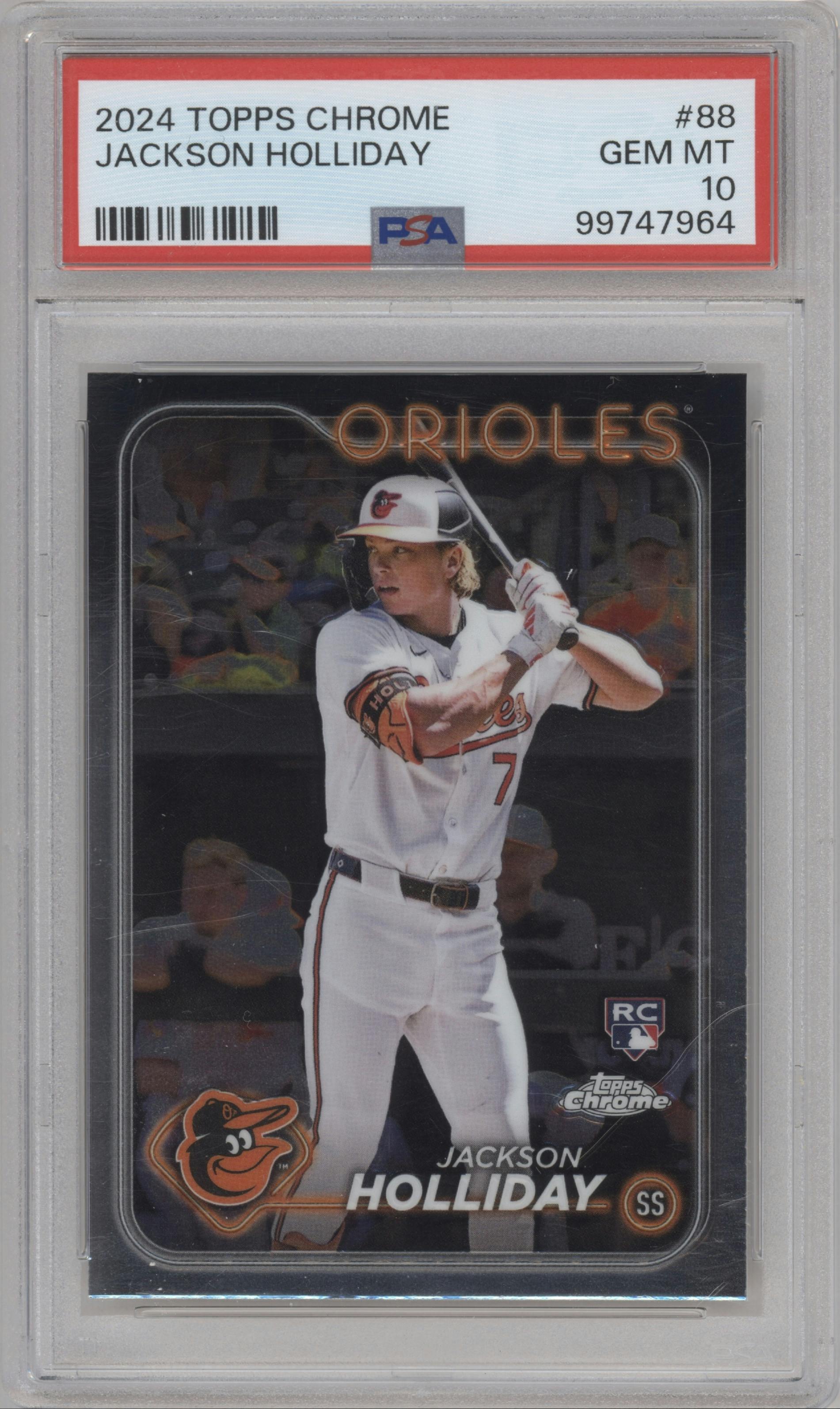Jackson Holliday from the 2024 Topps Chrome set graded by PSA and given an overall grade of 10.