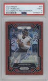 Justin Fields from the 2023 Panini Prizm set featuring a Red Shimmer parallel graded by PSA and given an overall grade of 9.