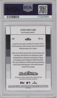 Jung Hoo Lee from the 2024 Topps Black & White set featuring a Green parallel graded by PSA and given an overall grade of 10.